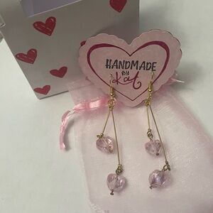 New Handcrafted Double Heart Dangle Drop Pink Clear Bead Pierced Earrings